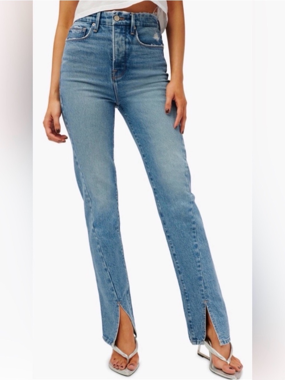 Good American Good Boy Split Straight Leg Medium Wash Distress Jeans High Waist